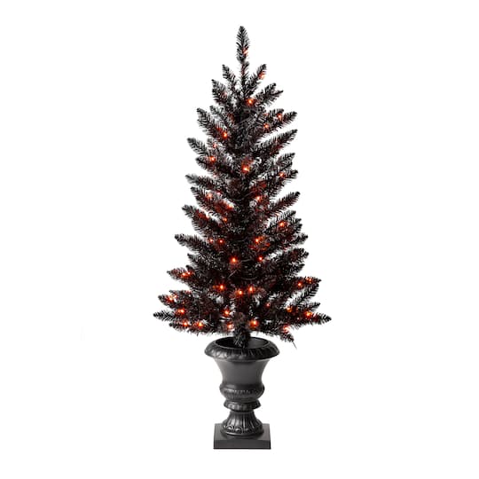 4ft. Pre-Lit Black Artificial Halloween Tree, LED Orange Lights